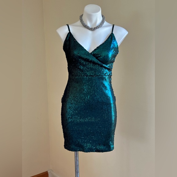 Lulus Beautiful Teal Green Sequin Dress Zip In Back adjustable st… - Picture 1 of 14